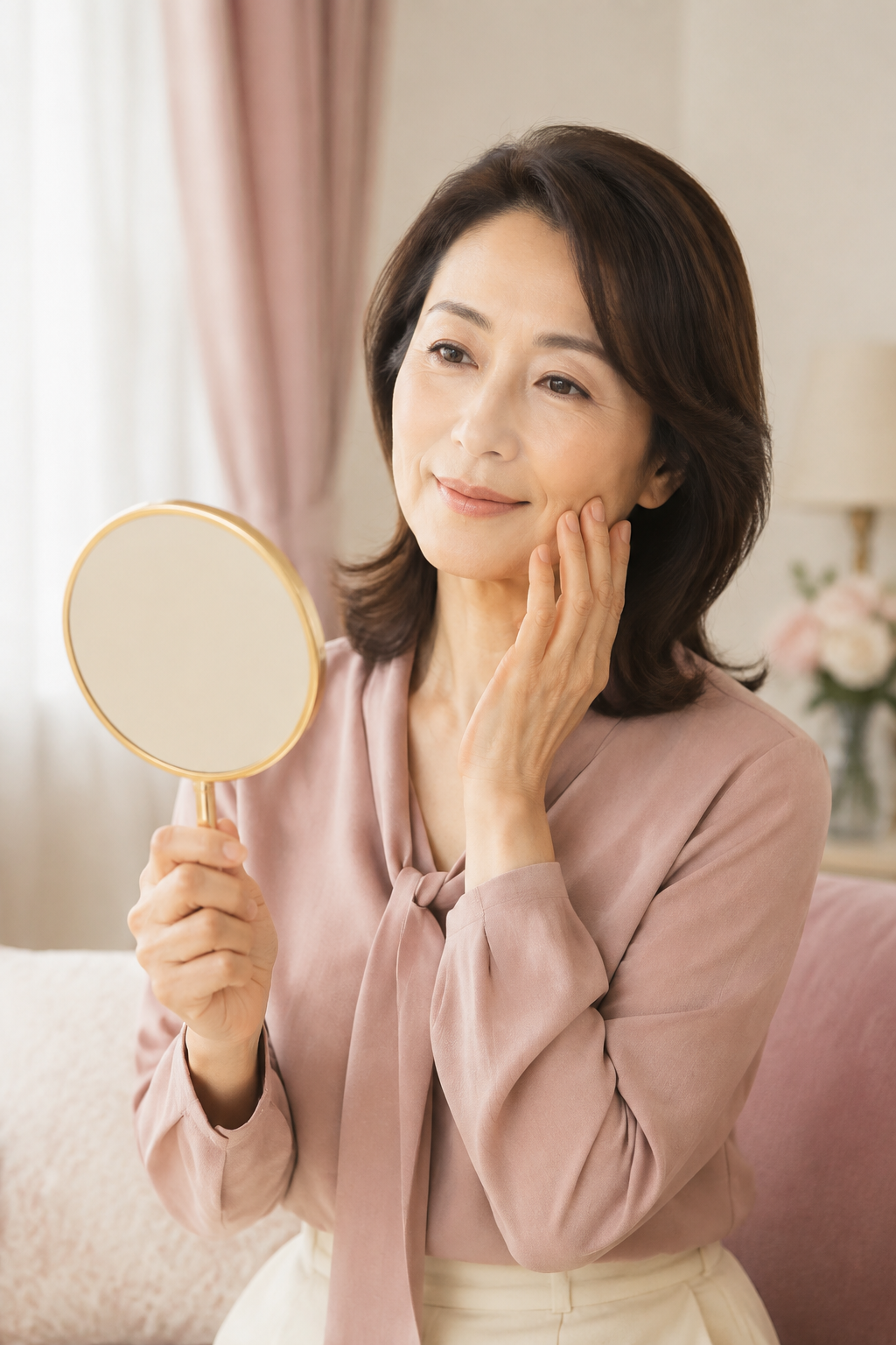 鏡を持って肌を見つめる女性