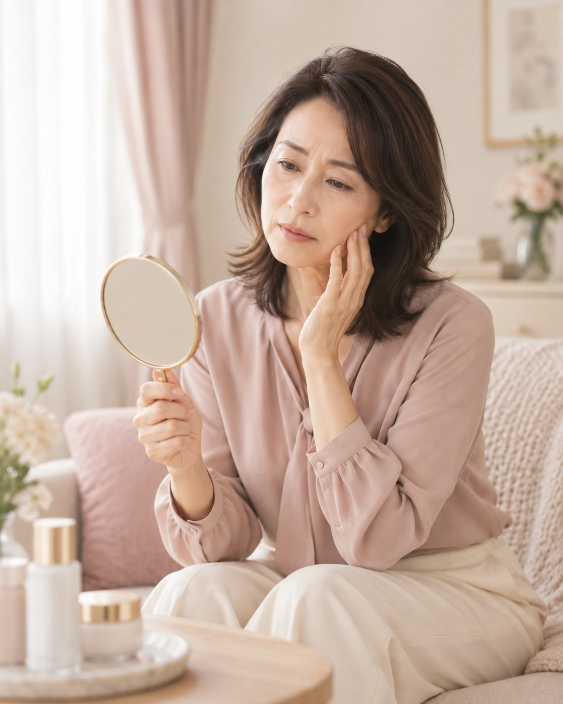 鏡を持って肌を見つめる女性